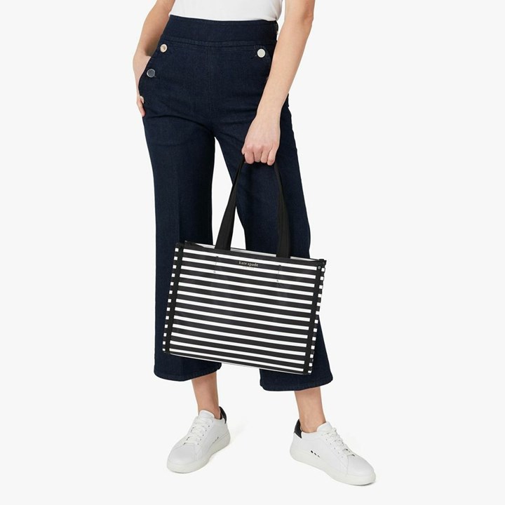 Black / Cream Kate Spade The Little Better Sam Stripe Medium Tote Bags | 410-HBOFLA