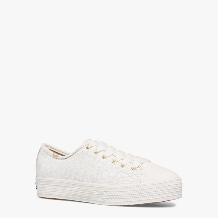 White Kate Spade x Keds Triple Kick Embroidered Leopard Leather Sneakers | 594-UNWGFI