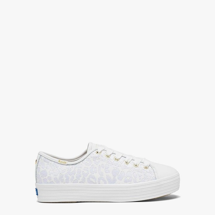 White Kate Spade x Keds Triple Kick Embroidered Leopard Leather Sneakers | 594-UNWGFI