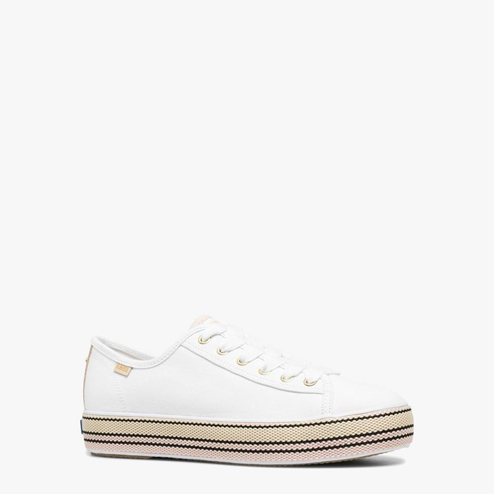 White / Pink Kate Spade x Keds Triple Kick Woven-Stripe Foxing Sneakers | 738-FXTUCO